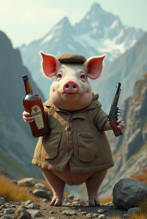  Make me a pig with a bottle of Génépi and a gun with a beret on its head. Who is in a mountain  