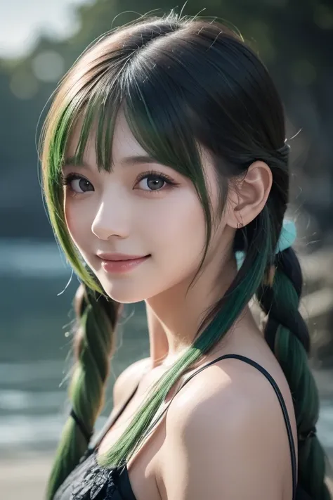  1 girl, Alone,  hair ornament,  green hair,  twin tails,  long hair,  dress, water,, Mid-range portrait photography ,  Dark Fantasy Backdrop , Charming grin.,  ultra-realistic and highly detailed intricate photorealistic analog style photography 、Sharp fo...