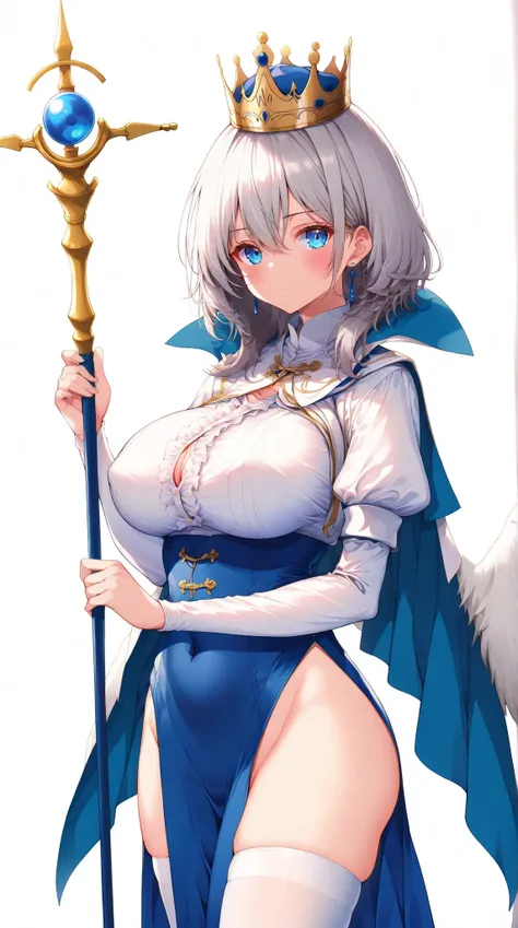  1 girl,  Masterpiece, ( anatomically correct), Blue clothes, white stockings, Clergy, (Long-handled Staff ), (bible),  expressionless , long dress with slits,  big breasts, Thighs,((Alluring)),(( white background)),  silver hair,  medium hair, blue eyes w...