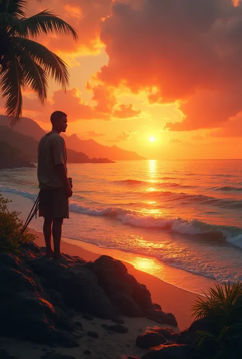 A man in an island viewing sunset