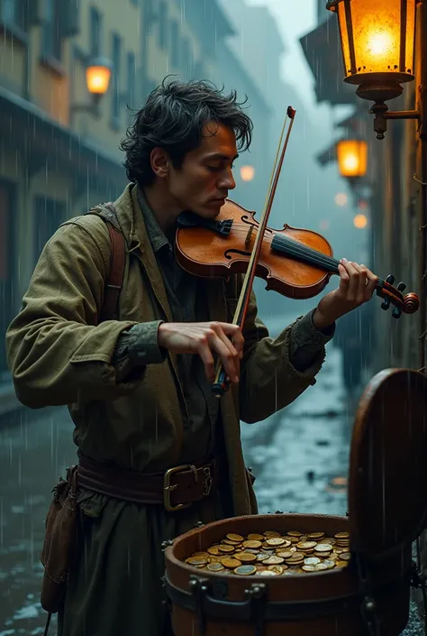  A violinist in worn clothes plays his instrument in the rain.  her eyes are closed , and some coins in his case reflect the light of a nearby lantern .