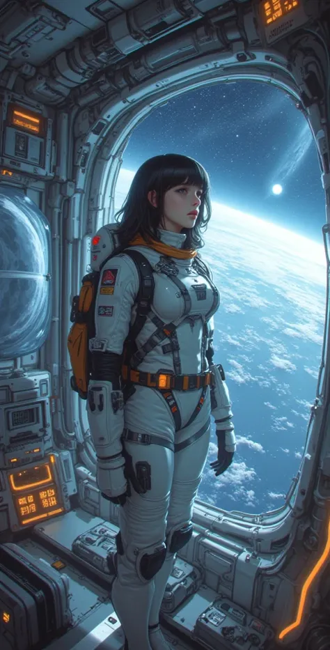  High definition ,  better quality,  Highly detailed ,  high quality, full length ,full frame,Astronaut girl ,  space station ,