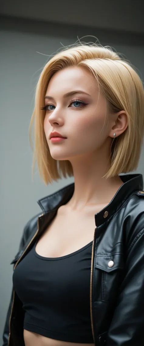   score_9_  up the side,   score_8_  up the side,   score_7_  up the side,   abstract,   in the seat,  alone, Age 25,   Android 18,Perfect face details,  Close View ,(adult),  sexy, blonde,   Stares at viewers  , jacket ,   BLACK CROP TOP  ,  cyberpunk,  p...