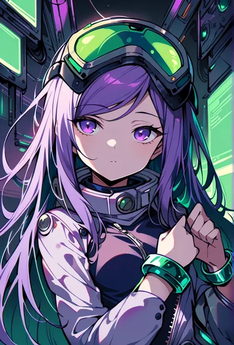 
(Masterpiece, best quality), intricate details, JK, girl, upper body.highly detailed, intricate details, expressionless girl, ((purple hair, long hair, purple eyes, green goggles on head, long swept bangs)), small breasts, thin, ((unzipping spacesuit, dar...