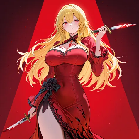 A woman with a soft smile and glowing red eyes is standing infront of you, the woman is wearing a red dress and her chest is massive and has blood stains on it, she is hiding a bloody knife behind her back. Party background, innocent expression. 