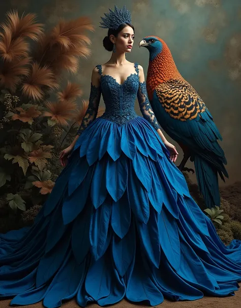 A regal figure dressed in an intricate, feather-inspired gown in rich shades of deep blue, adorned with detailed textures resembling bird plumage. The figure is surrounded by a dramatic backdrop of oversized, earthy-toned feathers and a large, beautifully ...