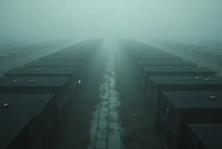  old photo of the entrance to a concentration camp. gloomy atmosphere . top view ,  fog and humidity in the air . extremely photorealistic .  you can see a lot of barracks for inmates. A modern concentration camp comparable to a modern smart city.