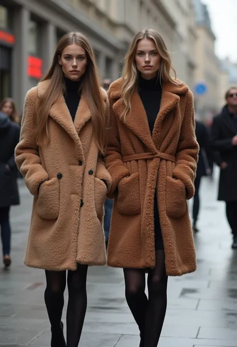 Full body portrait of two beautiful  Caucasian supermodels. One has gray eyes. The other has brown eyes.Winter outfit、MaxMara teddy bear coat、 at City of London 、 high resolution,  anatomically correct,  super high heels, movie, movie撮影,  SNS Composition, ...