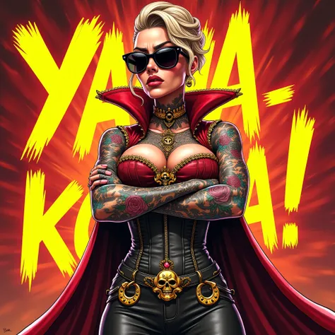 . "Yana-kotta!!"
Illustrate the queen standing with her arms crossed and an exaggerated scowl on her face. Her sunglasses are slightly lowered, revealing sharply arched eyebrows that scream disbelief and annoyance. Her heavily tattooed arms are flexed, sho...