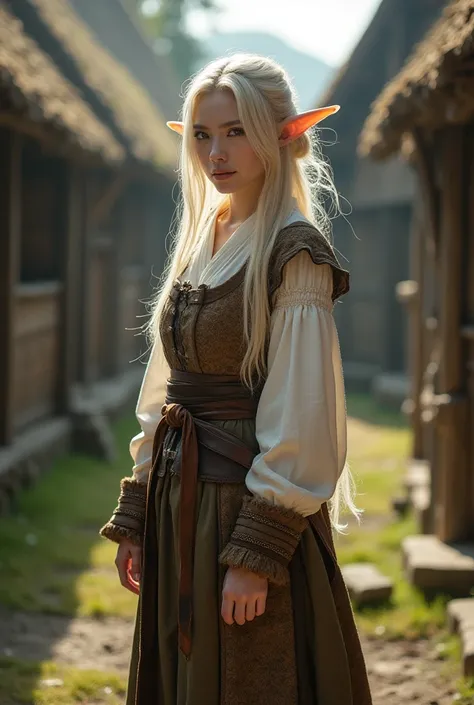 Upper body shot, Japanese woman, pointy elf ears, white skin, blonde hair, closed mouth, rustic medieval peasant outfit, dynamic pose, complex fantasy character, NSFW, cinematic lighting, fantasy, magic, detailed background, in a small rustic medieval vill...