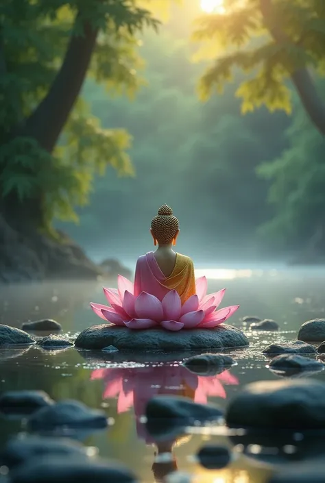 Create an image a calm attractive clean and very realstick post (1:1) for duruthu poya day with out any text must budda needs to meditate on a big lotus flower on the river with some water splashing hitting by sstones on the river, budda must be the main s...