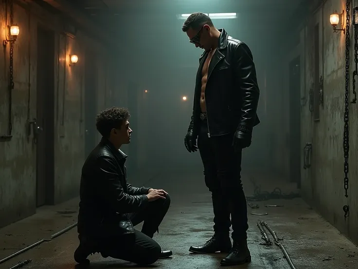 One young Gay Master in black Leather, Sunglasses, Leather Gloves, Leather Pants, Leather Motorcycle Jacket, Leather Motorcycle Boots, young Guy kneeling before him in the Dungeon 