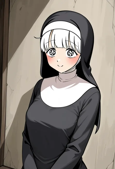 a white-skinned sadomasochistic nun, white hair and bright fuzzy eyes