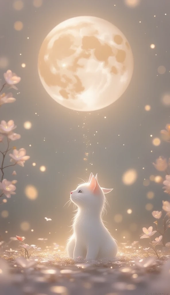 Big bright full moon 、 Sequins 、 starry sky studded with glitter 、 pink and light blue gradation、Large cherry blossom trees 、 Fluttering Petals 、Beautiful cat looking up at the moon 、 no people 、