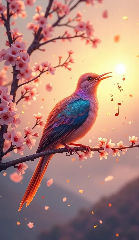 A radiant bird with shimmering, iridescent feathers perches gracefully on a blooming cherry blossom branch, its beak open in song. Glowing musical notes swirl around it, carried by the golden rays of the rising sun. The bird's feathers glisten in a mix of ...