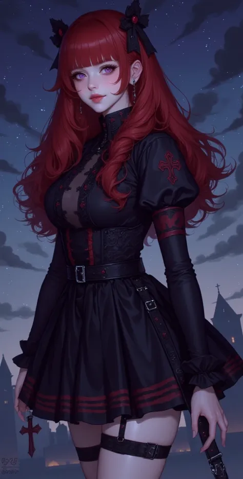  High definition ,  better quality,  Highly detailed ,  high quality, full length ,full frame, girl, red hair, Two half-tails, Breasts, earrings,  purple eyes , makeup,  easy smile, scarlet lips,  Black short dress, gothic style,Night storm ,  starry sky s...