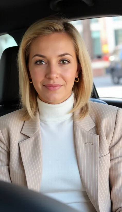 Create a refined and stylish portrait of a 40-year-old woman sitting in the driver’s seat of a car. She has shoulder-length, sleek platinum blonde hair styled into soft waves, complementing her sharp features. Her makeup is polished, with bold eyeliner and...