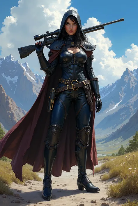 In RPG style, in style of Warhammer 40000: Rogue Trader, in style of fantasy painting. Full body view, looking at the viewer. Image of a female aristocrat psyker, holding sniper rifle over shoulder. Tight dark leather armor with dark blue elements. Dark pa...