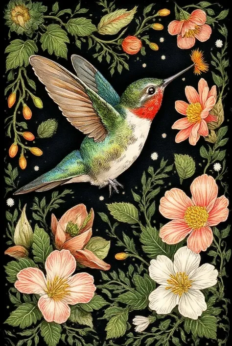 A highly detailed and realistic illustration of a hummingbird in mid-flight, surrounded by intricate floral elements. The hummingbird has shimmering green and blue feathers, a red patch on its throat, and delicate brown wings spread wide. Its long, slender...