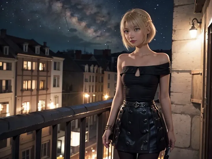 Astrid ,  short hair,  bare shoulders,  Thin body ,  small bust, black clothes,  pretty legs,  black tights , balcony, Looking at the stars, milky way,  perfect face 