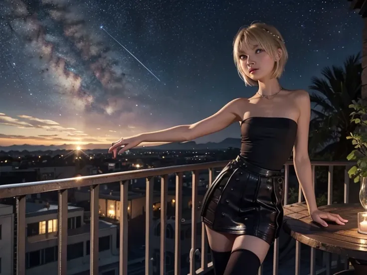 Astrid ,  short hair,  bare shoulders,  Thin body ,  small bust, black clothes,  pretty legs,  black tights , balcony, Looking at the stars, milky way,  perfect face 