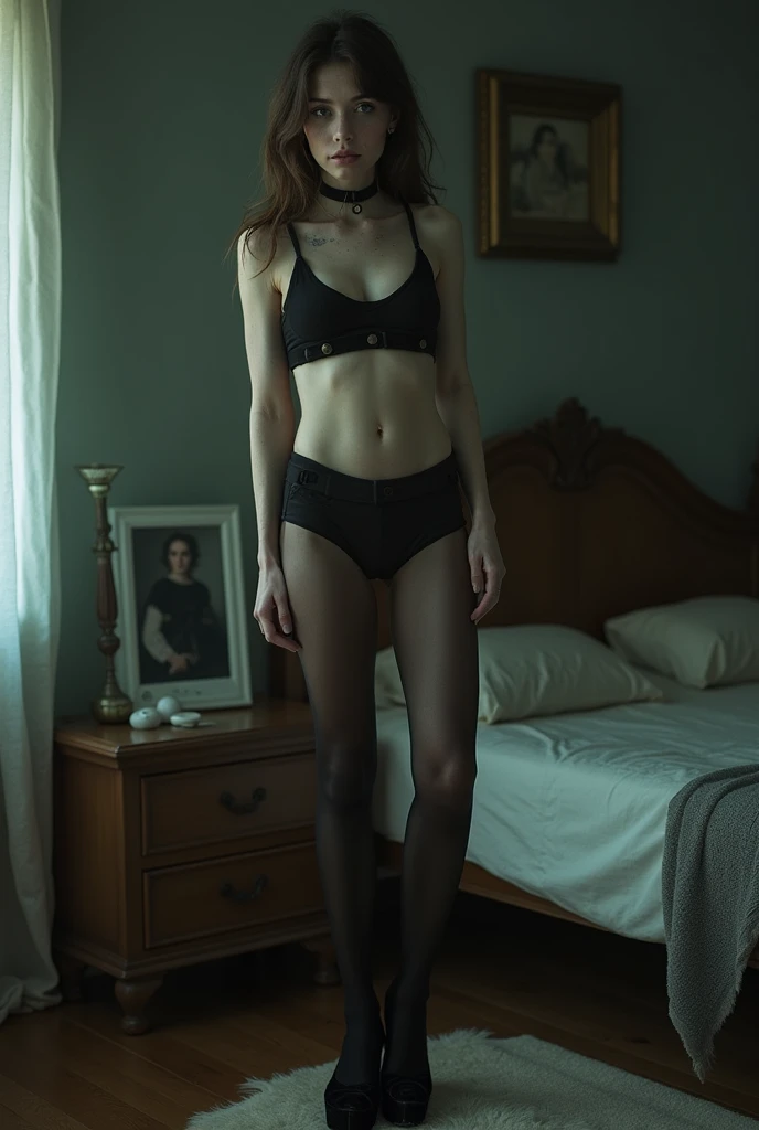 Young girl, tall, long body, incredibly long and skinny legs in stockings, very pale white skin, freckles, sharp facial features and a short nose, tiny breasts, emphasis on legs and shoes

Full-length photo
Girl standing in a dark room, standing near the b...