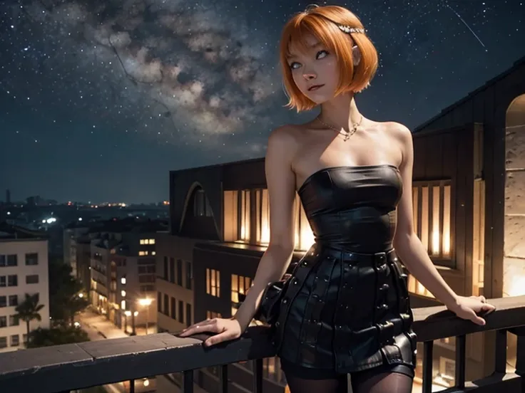 Astrid ,  short hair,  orange hair,  bare shoulders,  Thin body ,  small bust, black clothes,  pretty legs,  black tights , balcony, Looking at the stars, milky way,  perfect face 