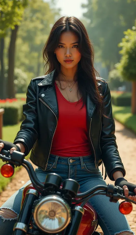 portrait of beautiful asian woman wearing red t shirt, jacket biker and ripped jeans sitting a harley davidson, on the royal spring garden, medieval Rus' , cinematography, maximalism, drawing, beauty