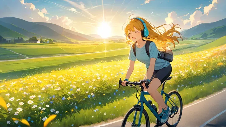 A young person riding a bicycle on a scenic countryside road, wearing wireless headphones and enjoying music. The road is surrounded by green fields and blooming wildflowers, with the sun casting a golden glow. The wind gently moves their hair as they smil...