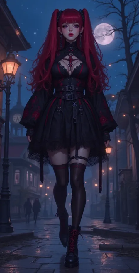  High definition ,  better quality,  Highly detailed ,  high quality, full length ,full frame, girl, red hair, Two half-tails, Breasts, earrings,  purple eyes , makeup,  easy smile, scarlet lips,  Black short dress, gothic style,Night storm ,  starry sky s...