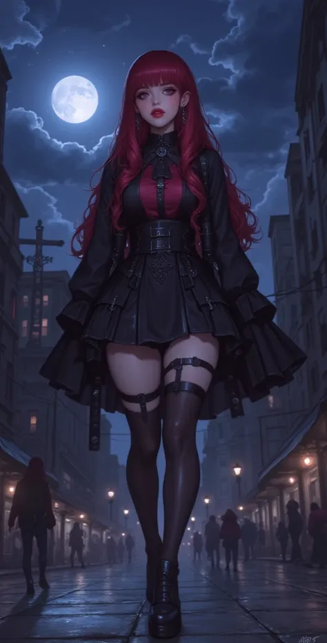  High definition ,  better quality,  Highly detailed ,  high quality, full length ,full frame, girl, red hair, Two half-tails, Breasts, earrings,  purple eyes , makeup,  easy smile, scarlet lips,  Black short dress, gothic style,Night storm ,  starry sky s...