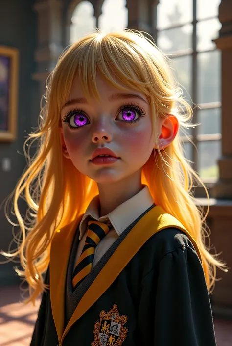 Golden-haired girl with purple eyes wearing a uniform hafwerpubschool hogwarts yellow