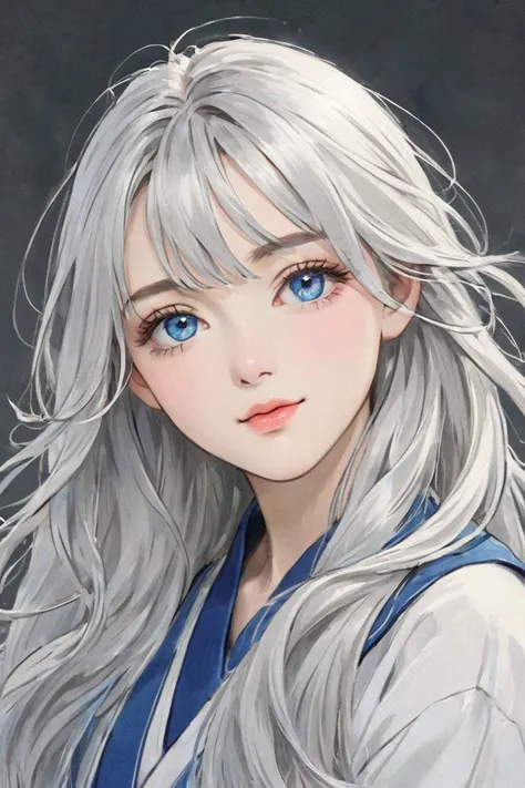  portrait  、  long silver hair and blue eyes 、   beauty  、  Calm confidence and charm