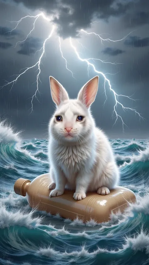 A white rabbit, the size of a cat, sad and frightened, sits on a floating plastic bottle in the middle of a rough sea.  Its eyes are glistening and full of tears expressing sorrow and despair.   The sea element is portrayed realistically, a squally downpou...