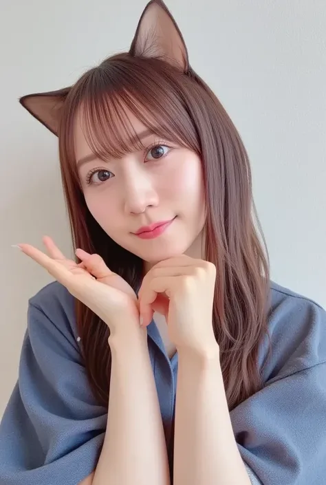  Super Fine、Picture of her face 、 and she has a smile showing her teeth, Wearing a cat costume,  I'm posing with my hands crossed in the shape of a heart in front of my chest、 background is simple 、   high image quality、細部にわたって  high image quality