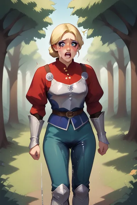 8k high resolution, best quality, dutch girl, 22 years old, short blonde hair, decent makeup, medieval fantasy, fancy knight armour, cowardly female knight, standing in forest, scared, shocked, eyes wide open, crying in fear, tears running down her cheeks,...