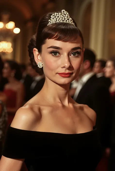 Portrait, front view,  watches viewers,  Audrey Hepburn,  (black hair , pearl earrings and simple neckless) , black evening dress,  background evening party,   night（super detailed, High Details , High Quality , Accurate, anatomically correct , textured sk...