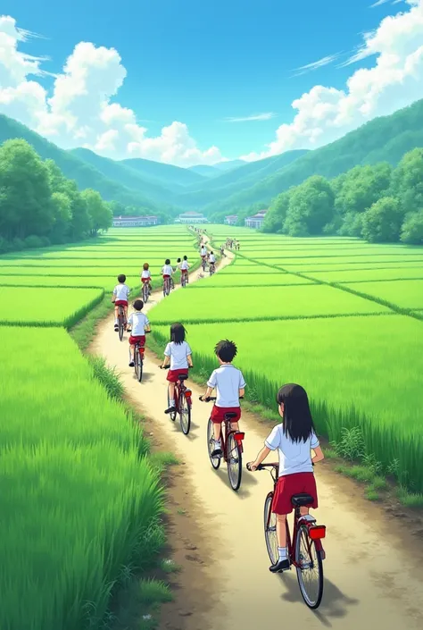 Many elementary school ren aged  dressed in white and red are riding bicycles going to school surrounded by beautiful views of rice fields