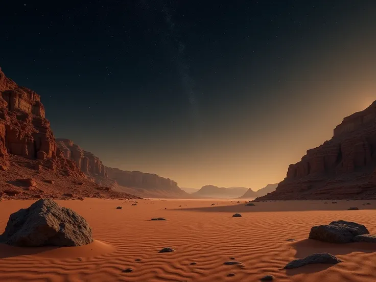 "A desert landscape with mountains in the background and rocks placed on the sides, leaving the center slightly open. The image is composed so that 30% of the frame shows the desert ground, while the remaining 70% is dominated by the expansive night sky, f...