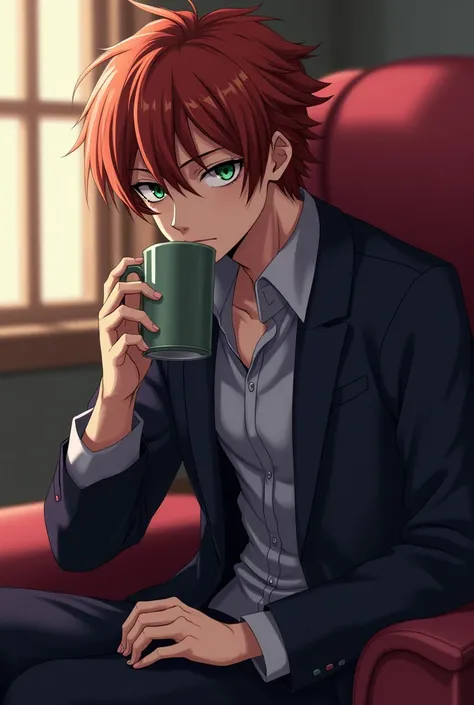 1boy, male focus, ikari shinji, neon genesis evangelion, solo, holding mug, sitting, on chair, holding, serious face, looking at viewer, indoors, upper body, cinematic angle,, (masterpiece), (best quality), (ultra-detailed), very aesthetic, illustration, d...