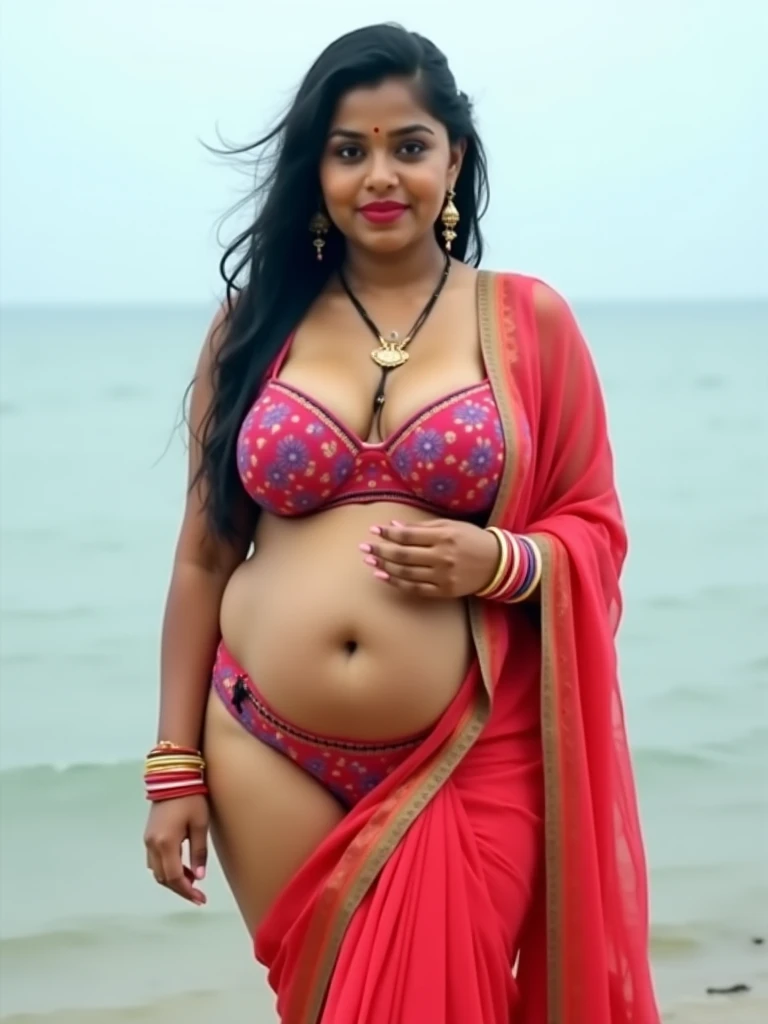 Fit,half saree wear,  Big lips, full body picture , Wet curvy, wet Desi woman showing her big ass  in sexy THONG pattern sexy  lingerie and showing cleavage and in nose ring, many bangles in hands,earings, necklace ,lipstick ,navel,Indian, Chubby, showing ...