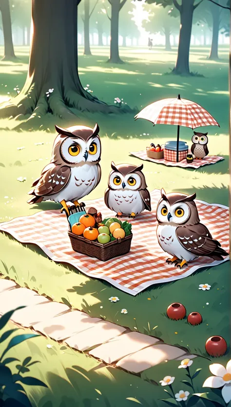 The journey of cute animals, very cute owl ,  Hzk,       miniature girl      ,   picnic  ,