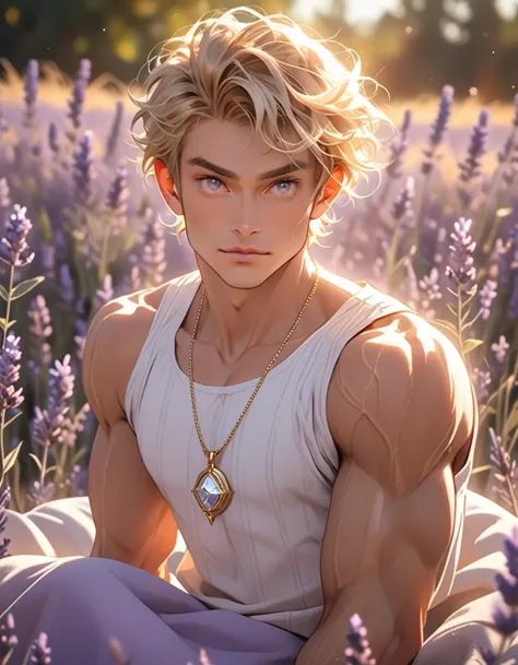  A twenty-year-old man with blond short hair,  placed in light waves .  His eyes are expressive blue , and his facial features are sharp ,  with high cheekbones and slightly raised corners of his lips,  creating a mysterious expression .  With sculpted abs...