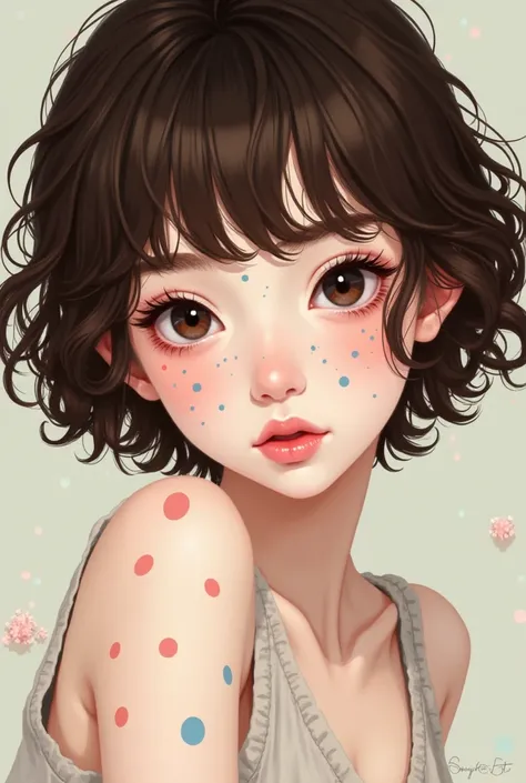 Women's short brown curly hair up to the chin,  black eyes , Beautiful polka dots,  white skin