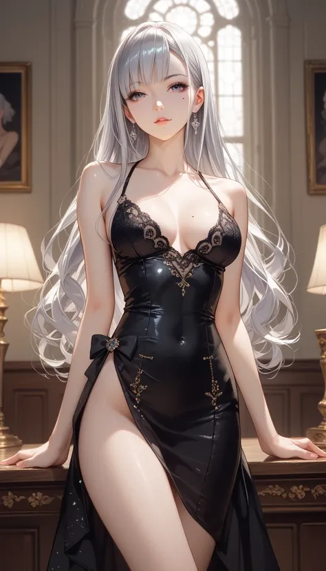 best quality, absurdres, わきDownを見せない, Down,  no background,  becomes transparent when you stare at it {x}, PE, front view,  perfect beautiful face, Beautiful breasts,  thin legs, slim, beauty mark, silver long hair, black mini dress,