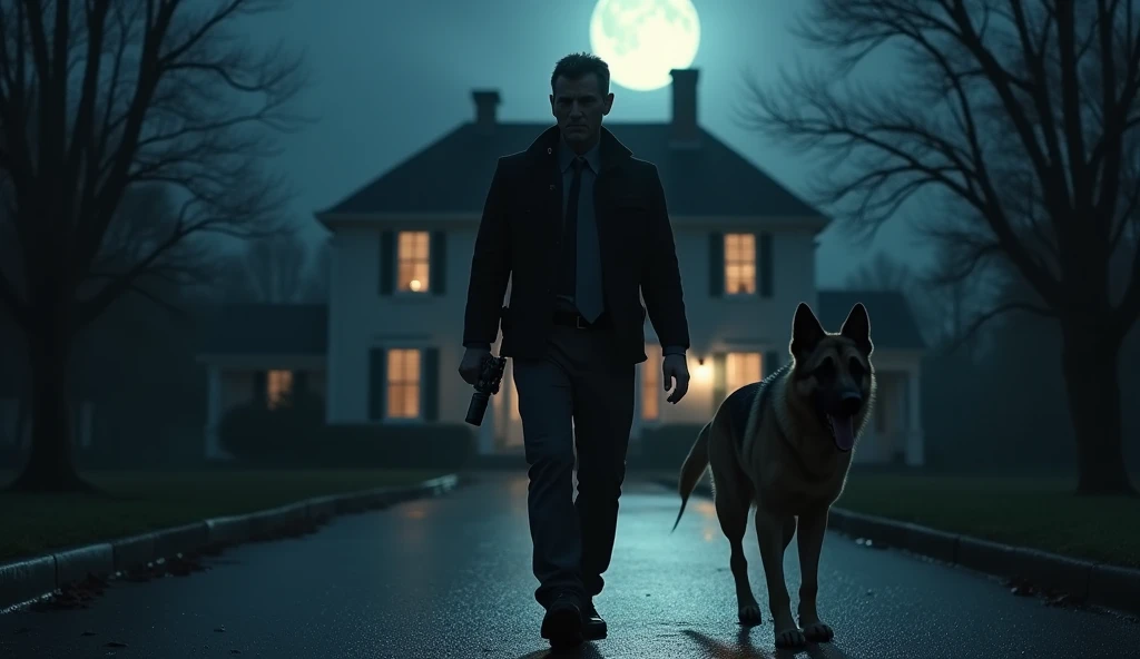 On a quiet, moonlit street, the man and the German Shepherd sneak up to the mansion. He is dressed in dark clothes, holding his flashlight and service weapon.




