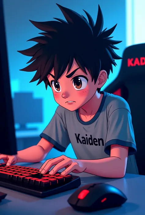 Gamer anime boy playing games on pc with wearing t-shirt printed KAIDEN