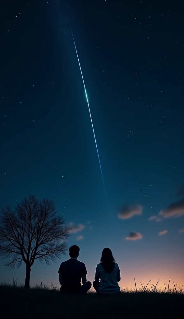  two men and women are sitting on the lawn 、 watching the beauty of the dark sky . The color of the sky is black 、Many stars are shining.  there is a tree without leaves behind them in that place、 and suddenly a shooting star appears in the direction from ...