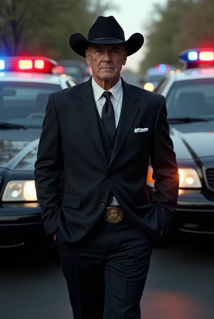 Medium size white American male wearing black suit with white shirt and black cowboy hat with Glock in holster and Badge in his belt under his coat standing between several Unmarked black police sedans with police lights on the dash panel and grill 