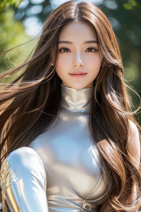  Young and Beautiful Japanese Woman ,, long, curly, light brown hair,   perfect dynamic configuration,   beautiful eyes , Thin Hair,  Detailed and Realistic Skin Textures, 優しいsmile,  model body type 、
 Latex Bodysuit 、 Knee-High Boots 、face-closeup、
Huge 、...